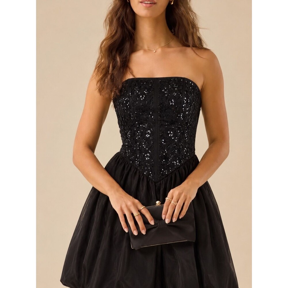 Vintage Jessica McClintock Gunne Sax Black Strapless Sequin Tulle Dress XS